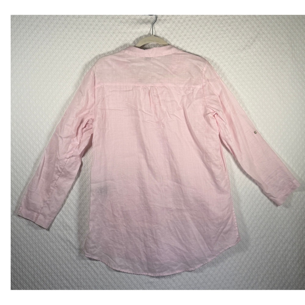 August Silk Womens M Pink 100% Linen Tunic Blouse Long Sleeve Roll Tab Pockets - Picture 2 of 7